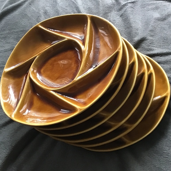 SET OF SIX VINTAGE MID-CENTURY LONGCHAMP FRANCE SWIRL DIVIDED FONDUE PLATES - Picture 1 of 13